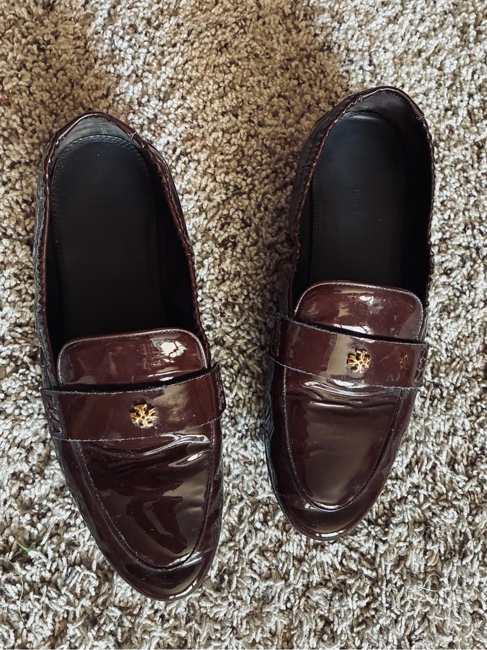 Tory Burch Women's Burgundy Patent Leather Penny Loafers with Gold Logo 8